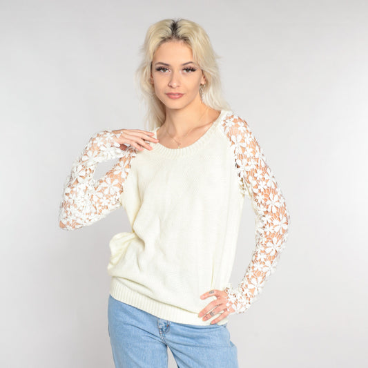 90s White Crochet Floral Knit Sweater Sheer Sleeve Pullover Medium Large