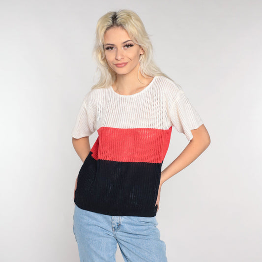 70s Striped Open Weave Knit Sweater Top Short Sleeve White Red Black Small
