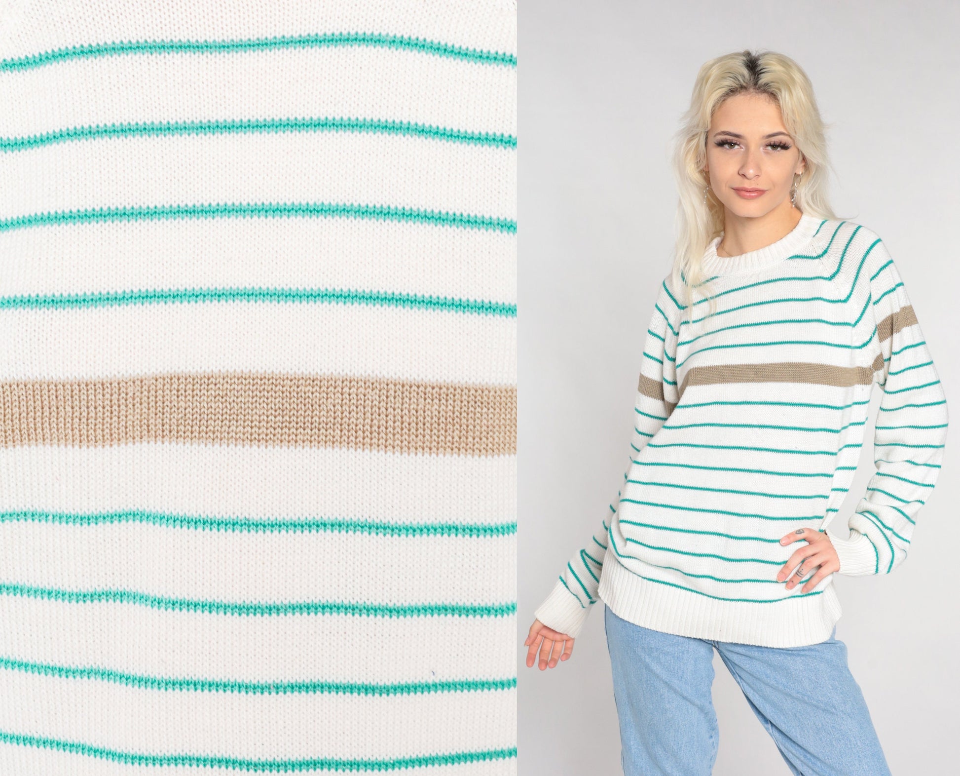 90s Striped Pullover Sweater White Green Tan Raglan Crewneck Large L