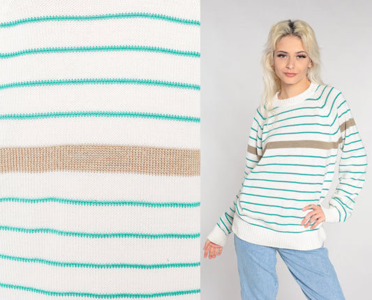 90s Striped Pullover Sweater White Green Tan Raglan Crewneck Large L
