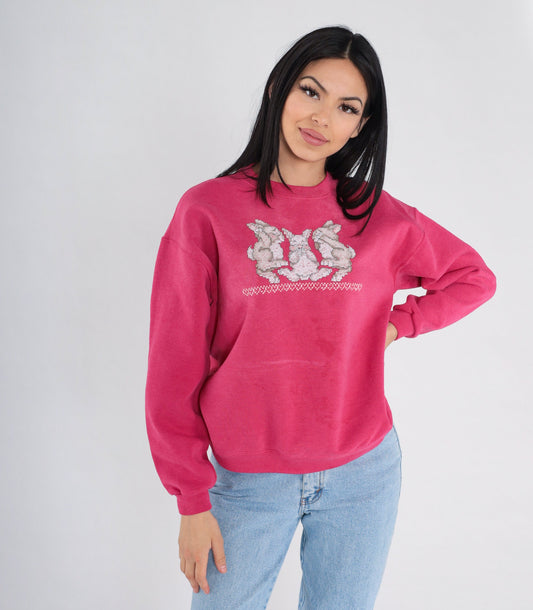 90s Bunny Cross Stitch Sweatshirt Faded Red Crewneck Pullover Medium M