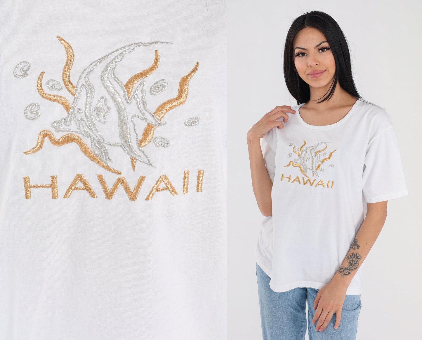 90s Hawaii Tropical Fish Embroidered T-Shirt White Graphic Tee Large L