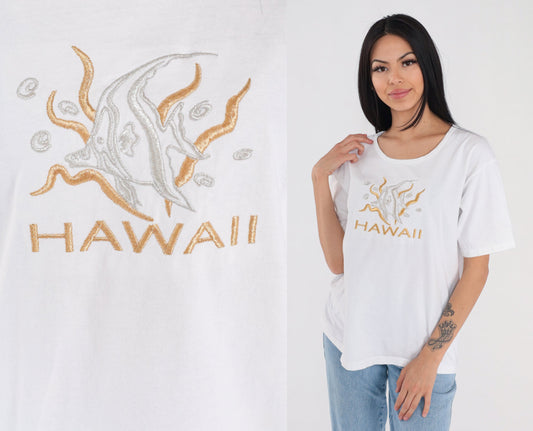 90s Hawaii Tropical Fish Embroidered T-Shirt White Graphic Tee Large L