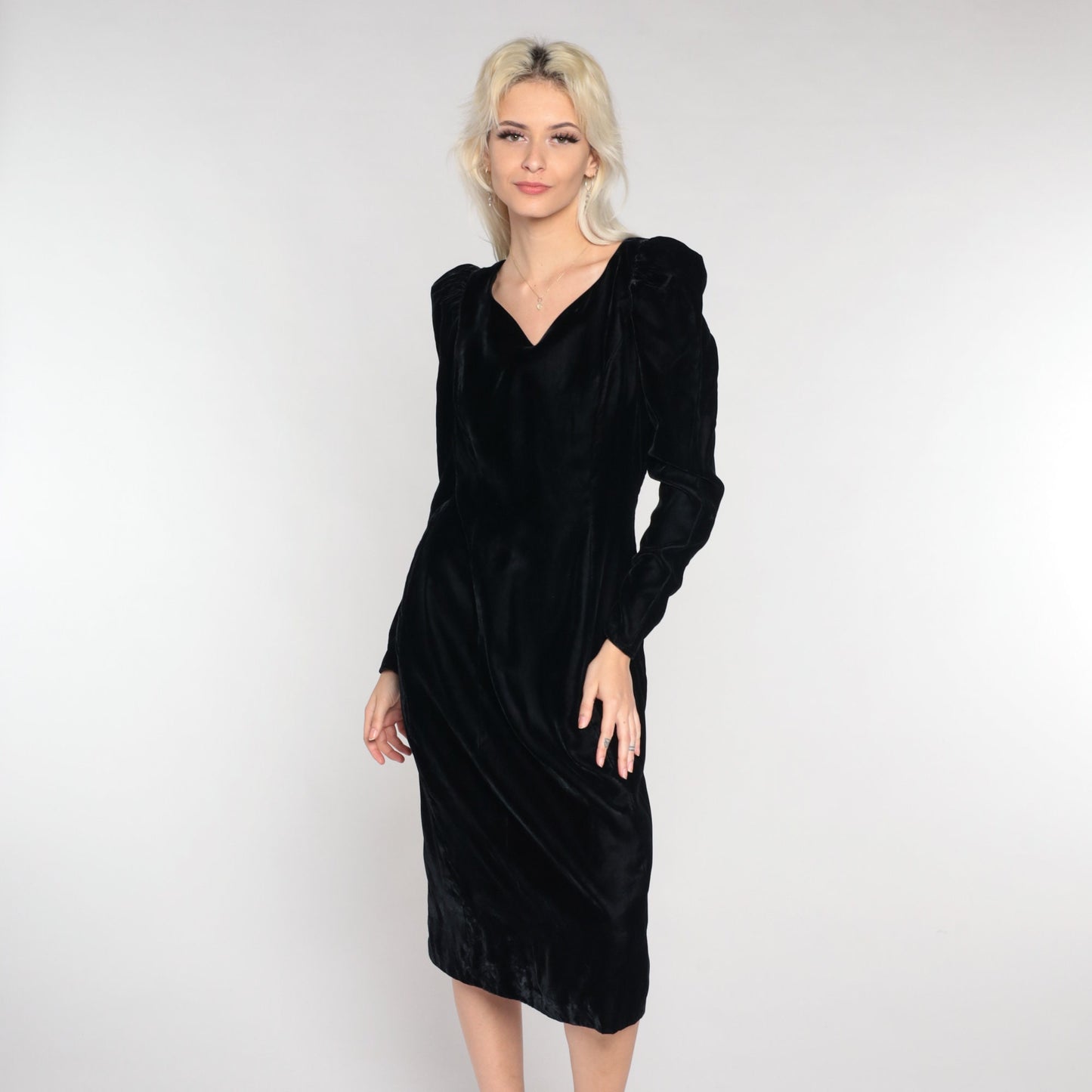 90s Black Velvet Midi Dress Puff Sleeve V-Neck Low Back Medium