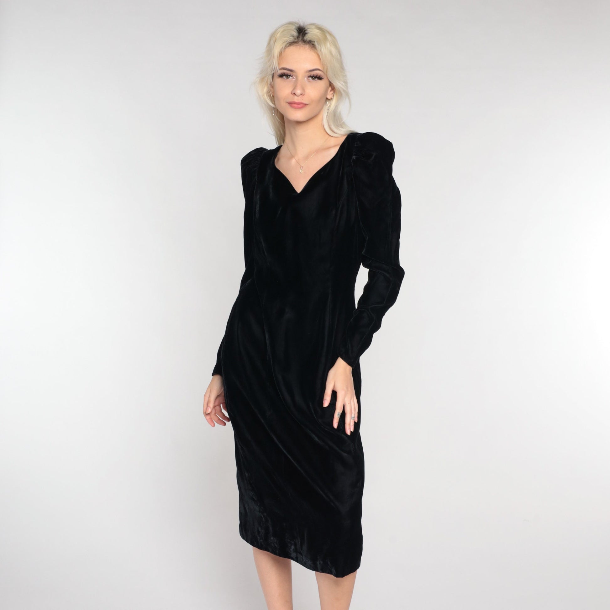 90s Black Velvet Midi Dress Puff Sleeve V-Neck Low Back Medium