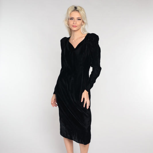 90s Black Velvet Midi Dress Puff Sleeve V-Neck Low Back Medium