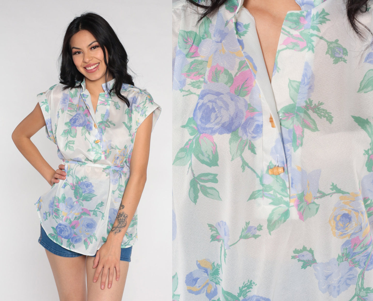 70s Floral Blouse White Semi-Sheer Cap Sleeve Toggle Button Up Medium