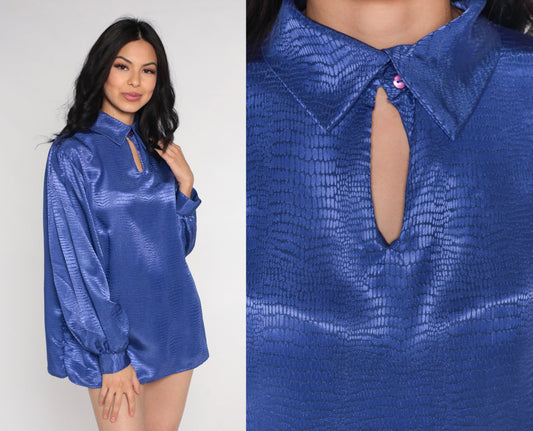 90s Purple Snakeskin Keyhole Blouse Balloon Sleeve Cutout Shirt Extra Large