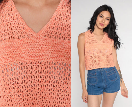 80s Orange Crochet Crop Tank Top V Neck Open Weave Small