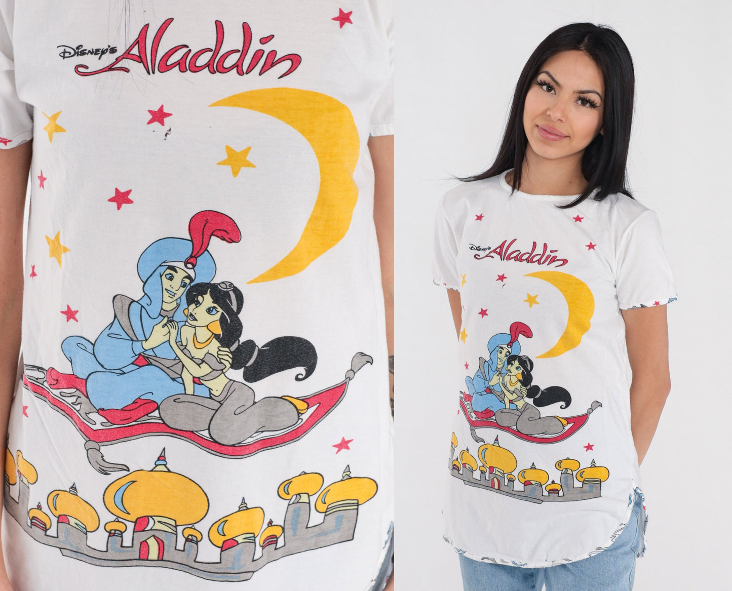 90s Disney Aladdin Princess Jasmine Graphic T-Shirt White Single Stitch Small