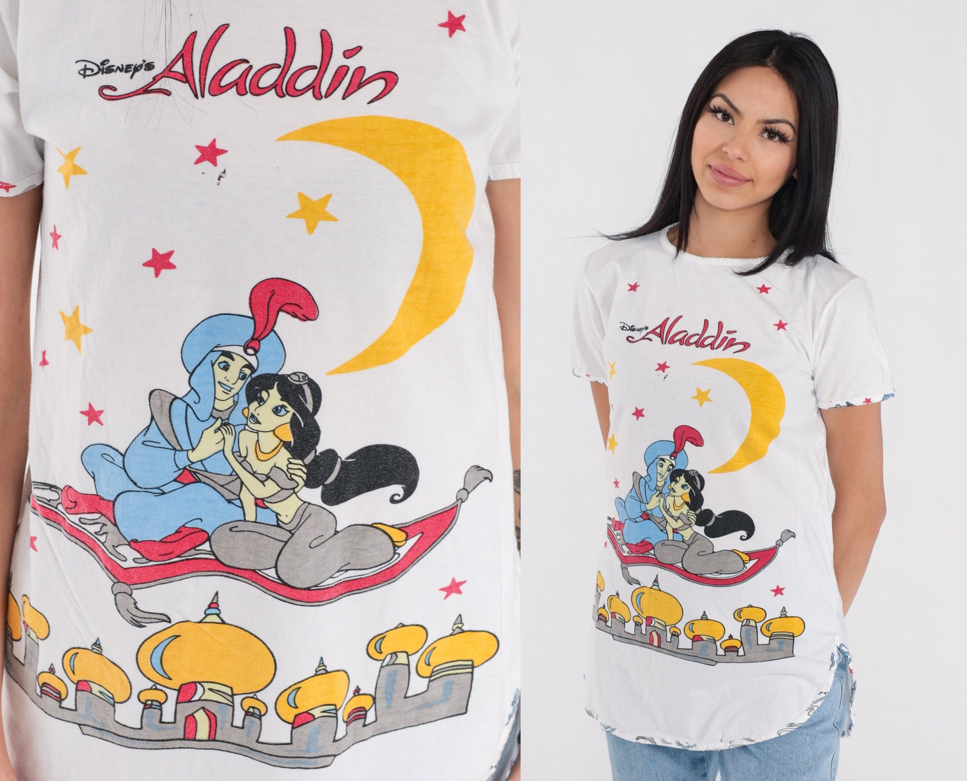 90s Disney Aladdin Princess Jasmine Graphic T-Shirt White Single Stitch Small