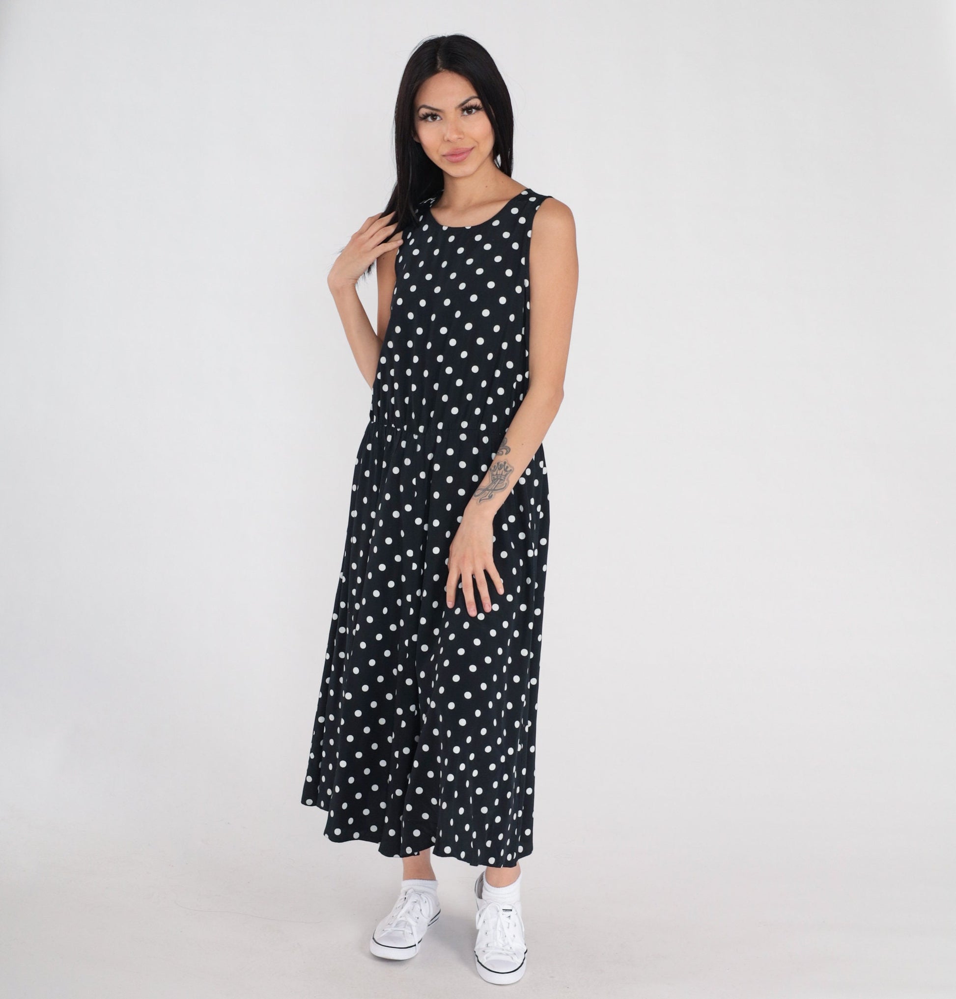 90s My Michelle Polka Dot Midi Dress Black White Sleeveless Medium