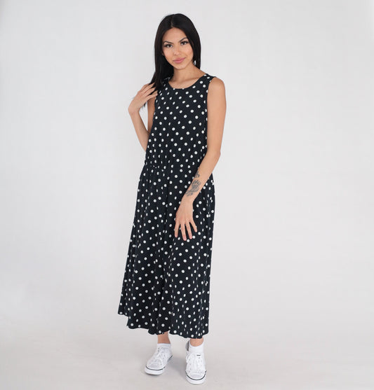 90s My Michelle Polka Dot Midi Dress Black White Sleeveless Medium