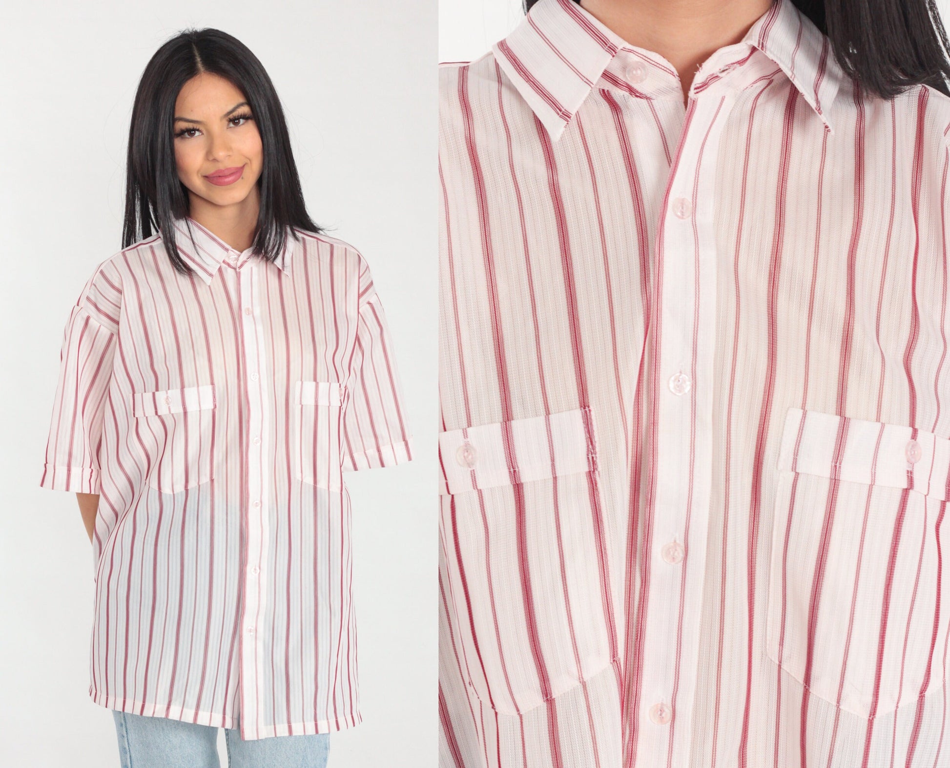 80s White Red Striped Button-Up Shirt Short Sleeve Collared Men's Extra Large