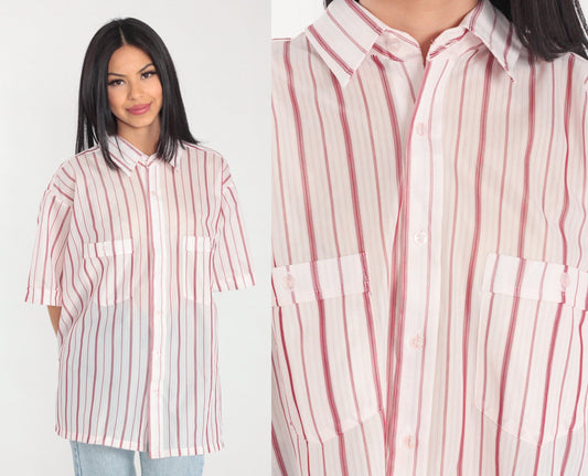 80s White Red Striped Button-Up Shirt Short Sleeve Collared Men's Extra Large