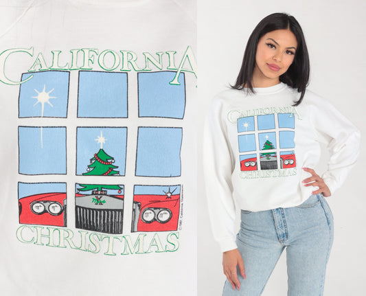80s California Christmas Sweatshirt White Raglan Graphic Car Tree Small