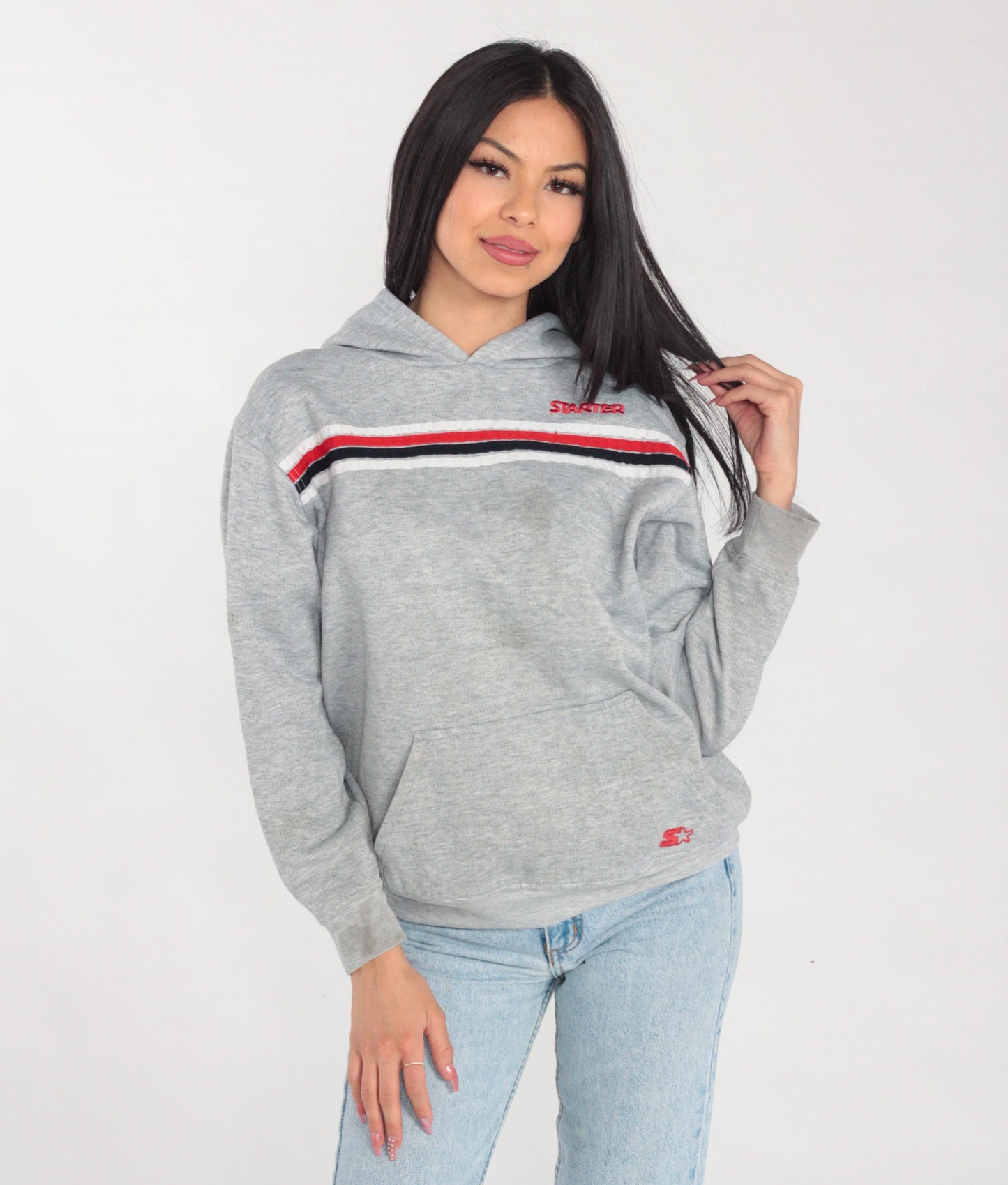 90s Starter Hoodie Heather Grey Striped Logo Sweatshirt Small