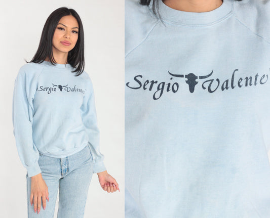 90s Sergio Valente Sweatshirt Light Blue Raglan Graphic Distressed Medium M