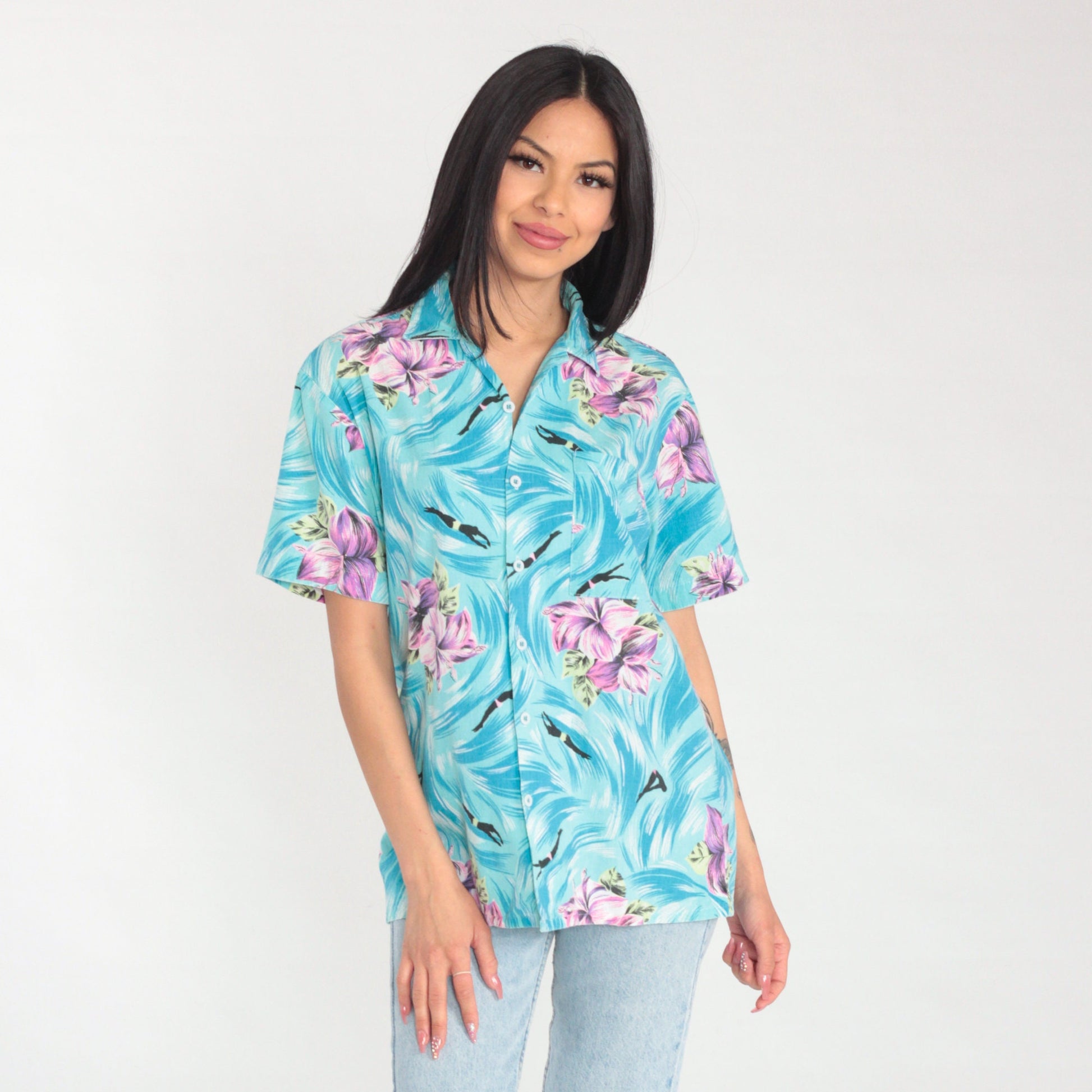 90s Tropical Floral Swimmer Print Button Up Shirt Blue Cotton Medium