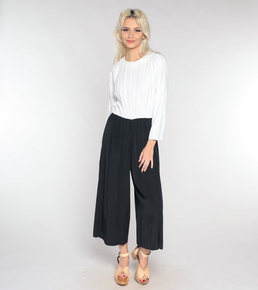 90s Black & White Wide Leg Jumpsuit Long Sleeve Rear Zip Medium