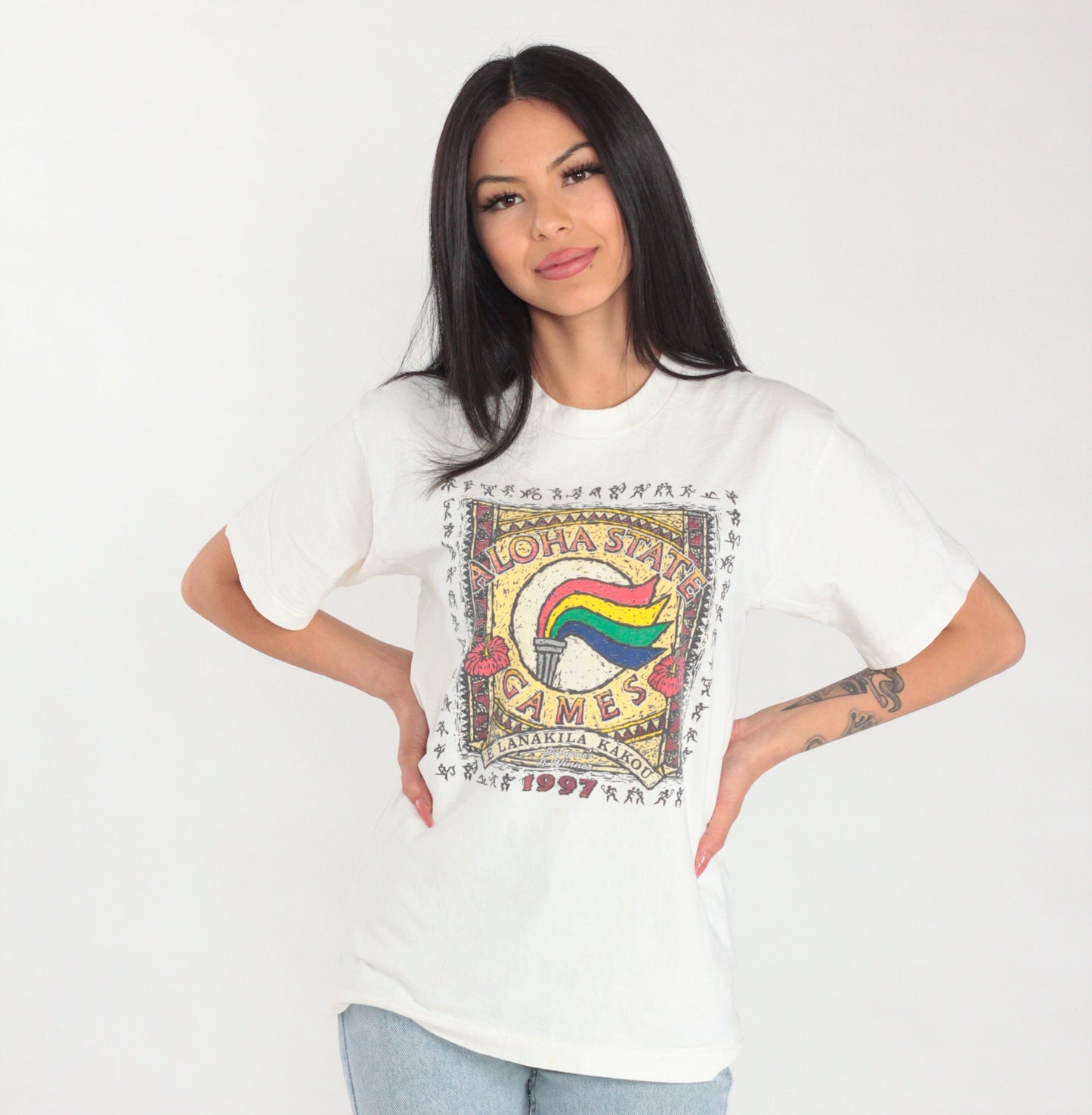 1997 Aloha State Games Hawaii Olympics Graphic T-Shirt White Cotton Medium