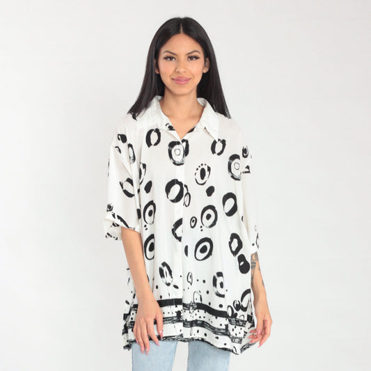 90s Abstract Ring Print Button-Up Blouse White Black Short Sleeve Extra Large