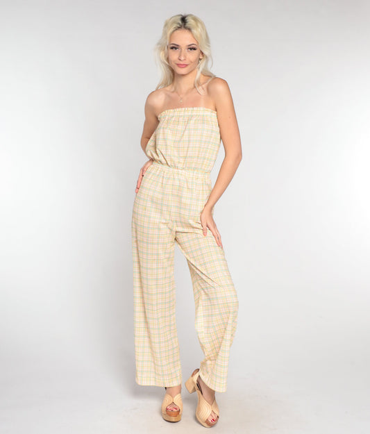 70s Plaid Strapless Jumpsuit Straight Leg High Waist White Yellow Small