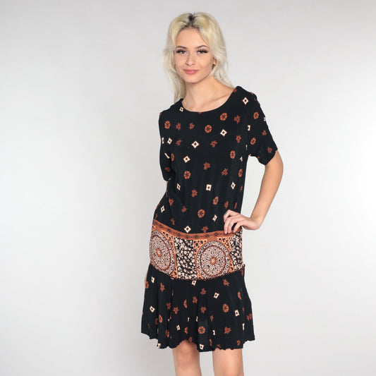 90s Black Mini Dress Abstract Floral Tile Print Short Sleeve Small S