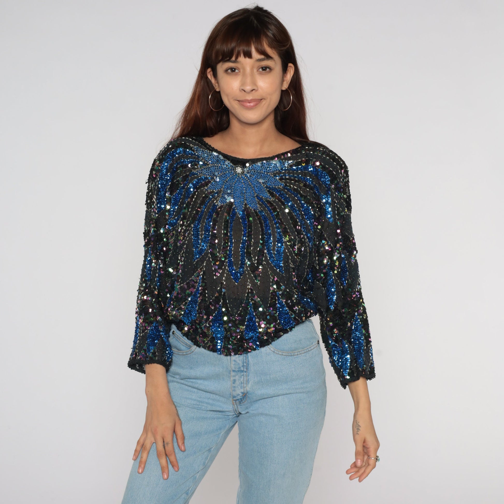 80s Black Sequin Beaded Blouse Blue Floral Dolman Sleeve Medium Large