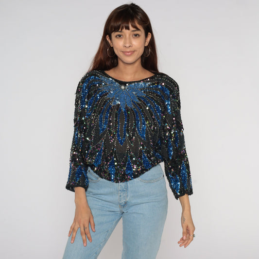 80s Black Sequin Beaded Blouse Blue Floral Dolman Sleeve Medium Large