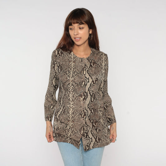 80s Flora Kung Silk Snakeskin Scale Print Blouse Brown Button Up Small