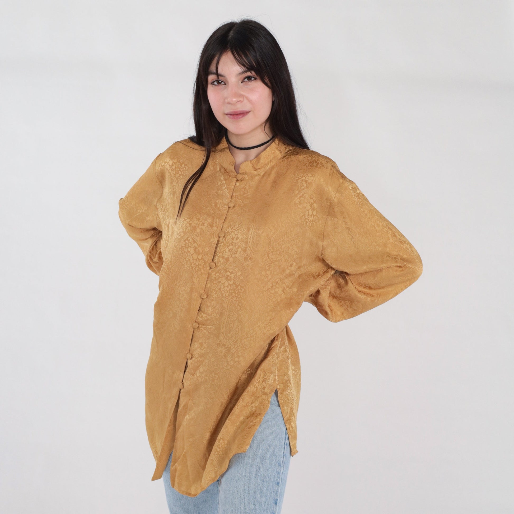 90s Gold Silk Tunic Blouse Embossed Paisley Floral Button-Up Long Sleeve Large L