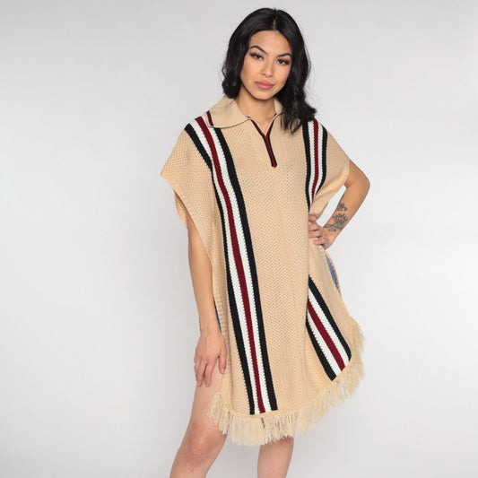 70s Tan Striped Knit Poncho Collared Fringe Shawl One Size