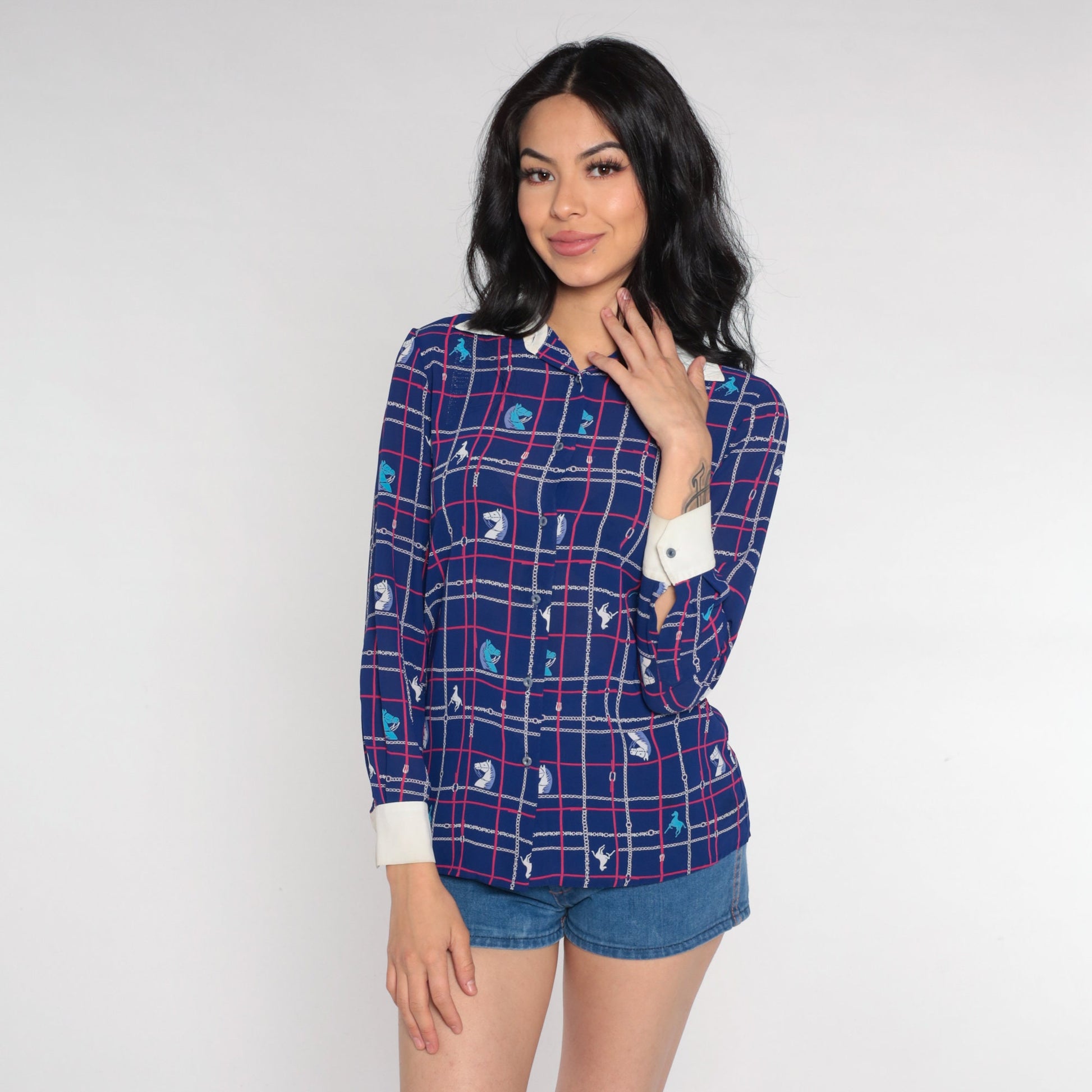 80s Navy Horse Print Button-Up Blouse White Collar Long Sleeve Small