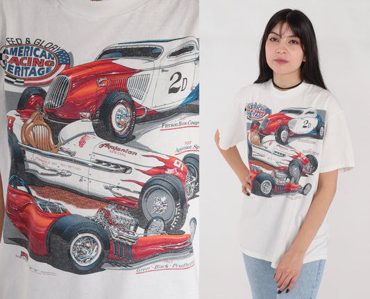80s American Racing Racecar Graphic T-Shirt White Cotton Tee Medium
