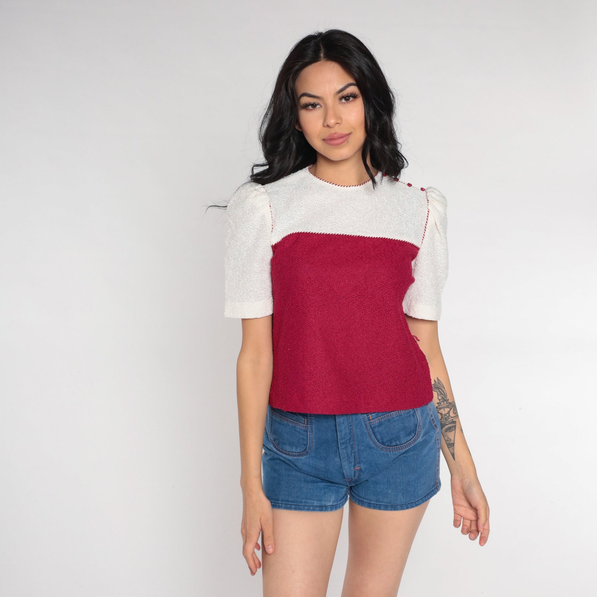 80s Raspberry White Color Block Knit Puff Sleeve Top Extra Small