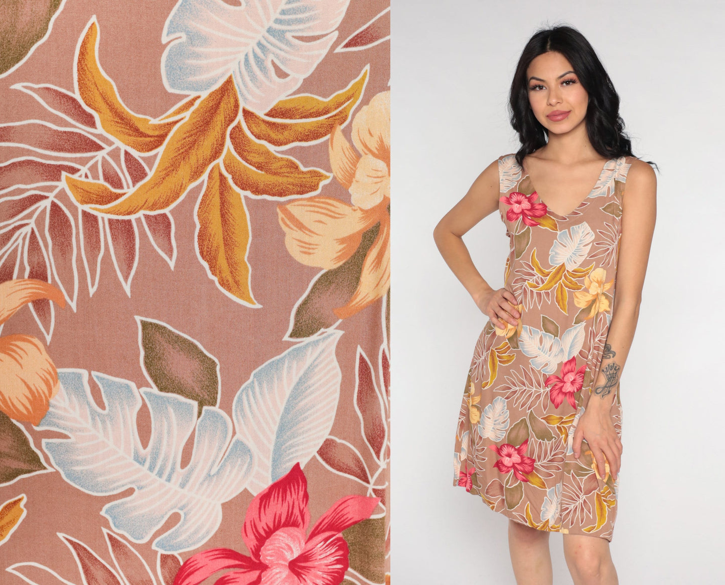 Y2K Tropical Floral Mini Dress Taupe Pink Rayon Sleeveless Medium
