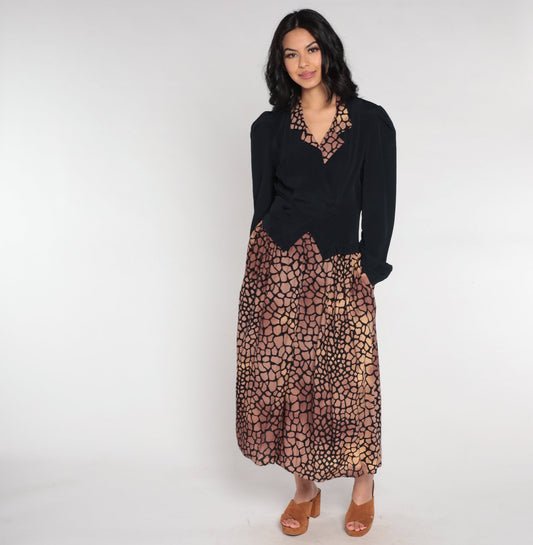 90s Visionz Midi Dress with Attached Blazer Black Brown Scale Print Puff Sleeve Small