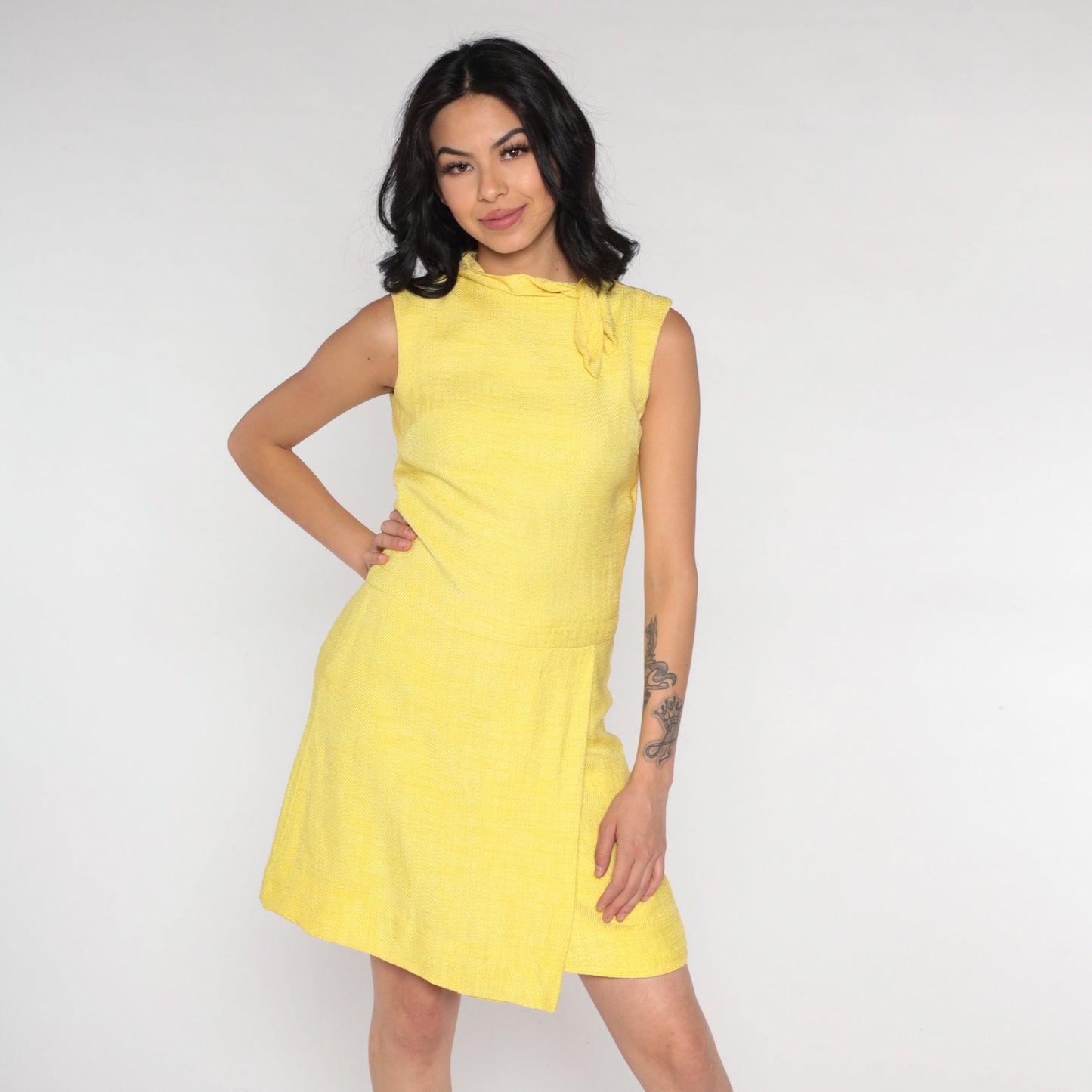 60s Yellow Ascot Shift Mini Dress Sleeveless Mod Adele Martin Extra Small