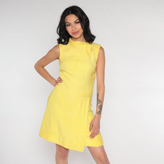 60s Yellow Ascot Shift Mini Dress Sleeveless Mod Adele Martin Extra Small