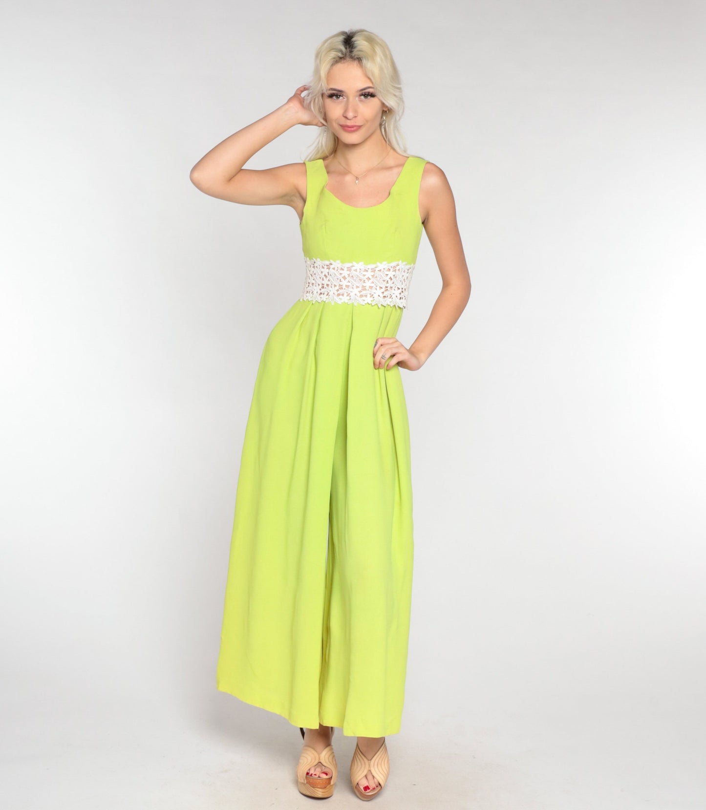 70s Lime Green Jumpsuit Wide Leg Floral Crochet Sleeveless Small