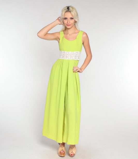 70s Lime Green Jumpsuit Wide Leg Floral Crochet Sleeveless Small