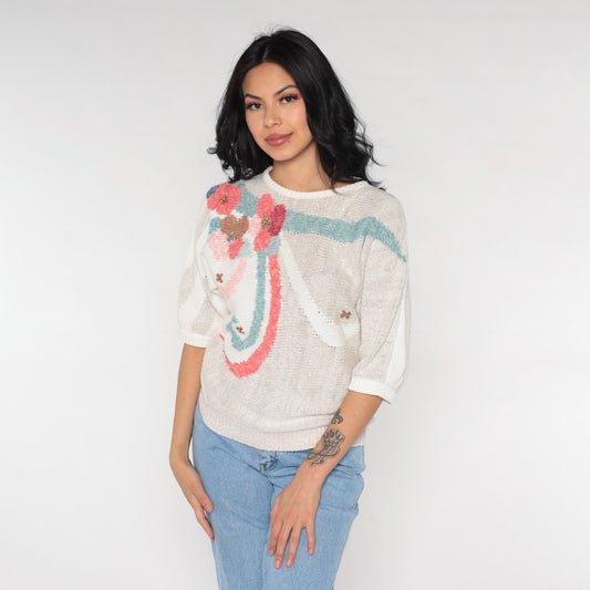 90s Koret Beaded Floral Knit Top Short Sleeve White Small