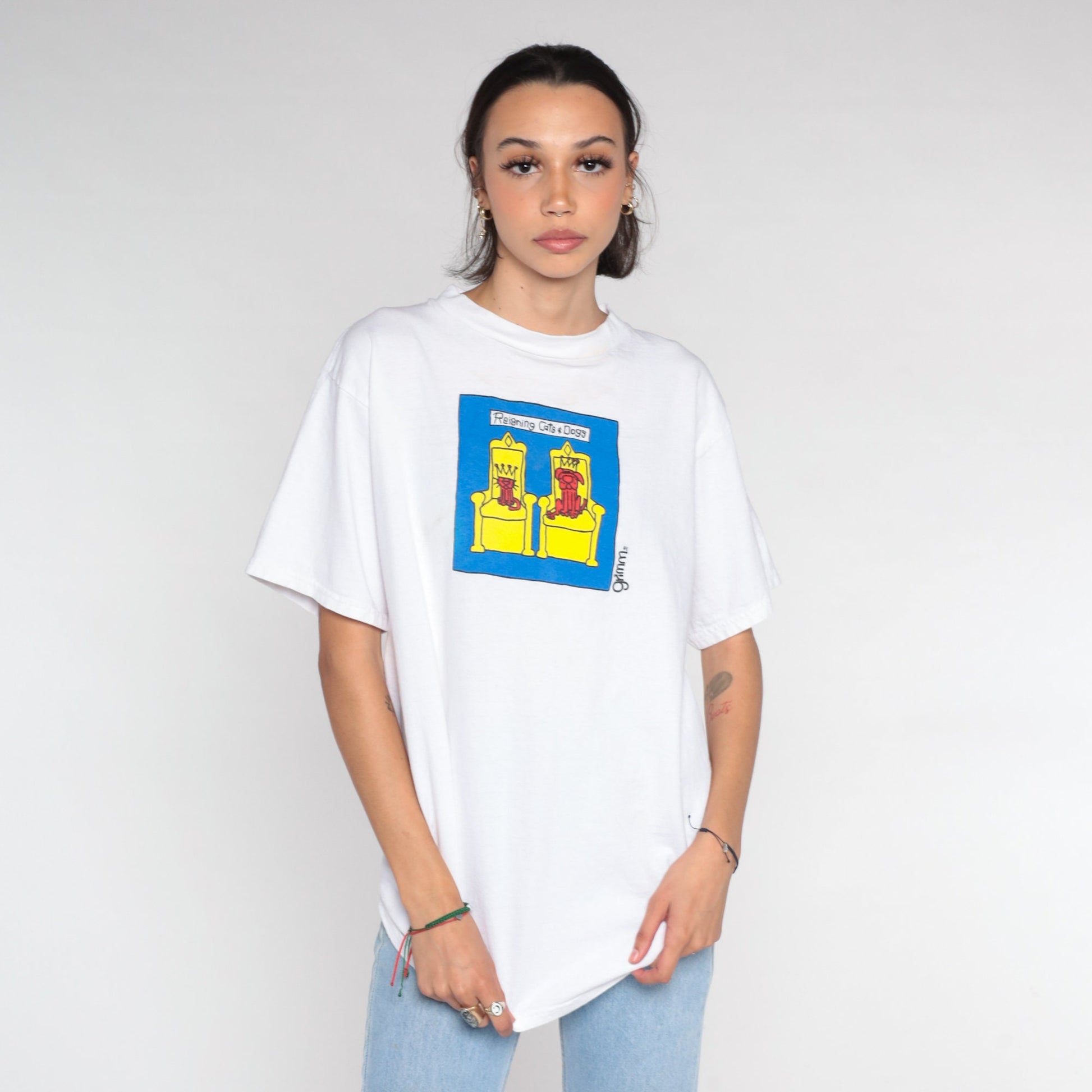 90s Grimm Reigning Cats and Dogs Graphic T-Shirt White Cotton Medium