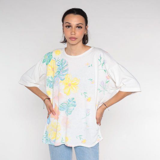 90s Painted Floral Monstera Leaf Graphic T-Shirt White Cotton Tee One Size