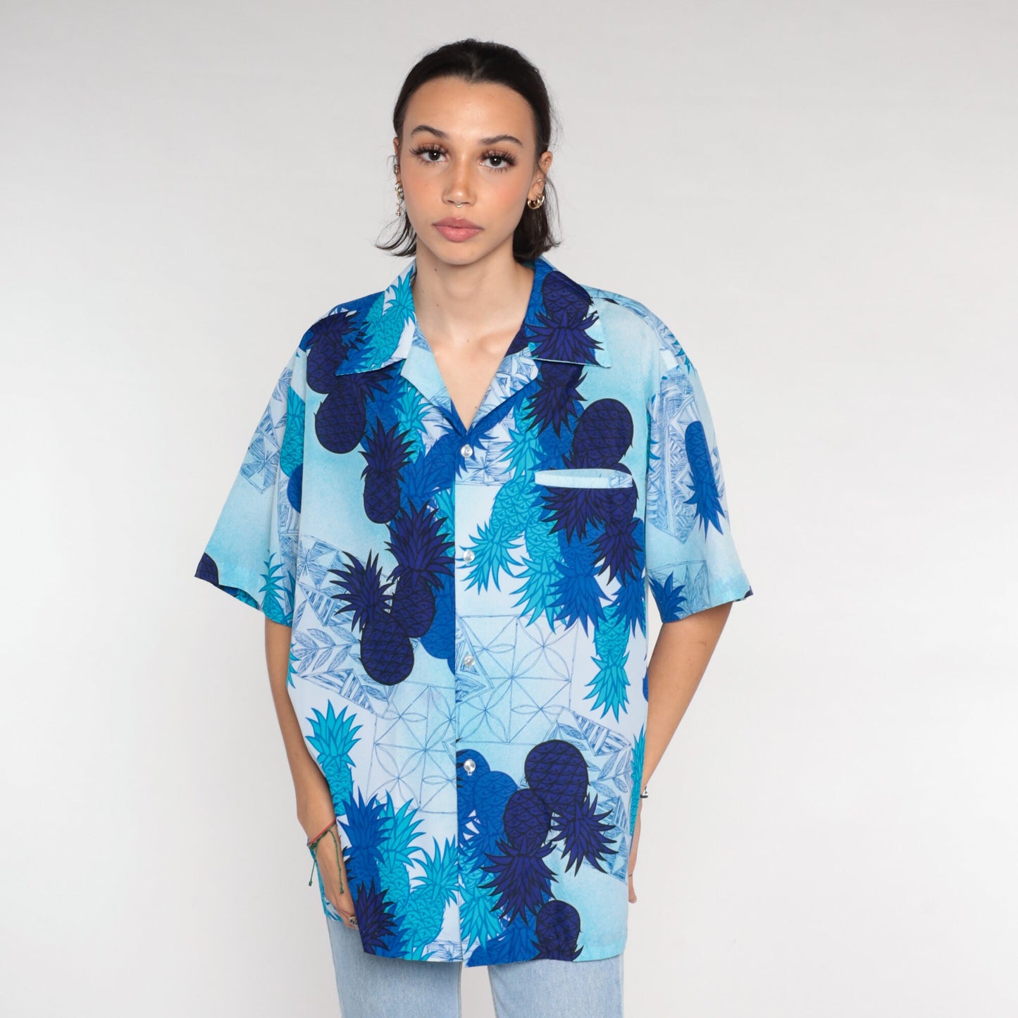 70s Blue Pineapple Tropical Button Up Shirt Short Sleeve Men's Large