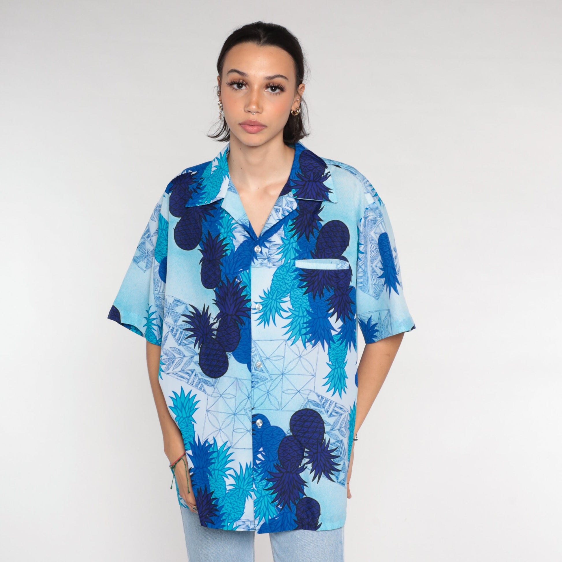 70s Blue Pineapple Tropical Button Up Shirt Short Sleeve Men's Large