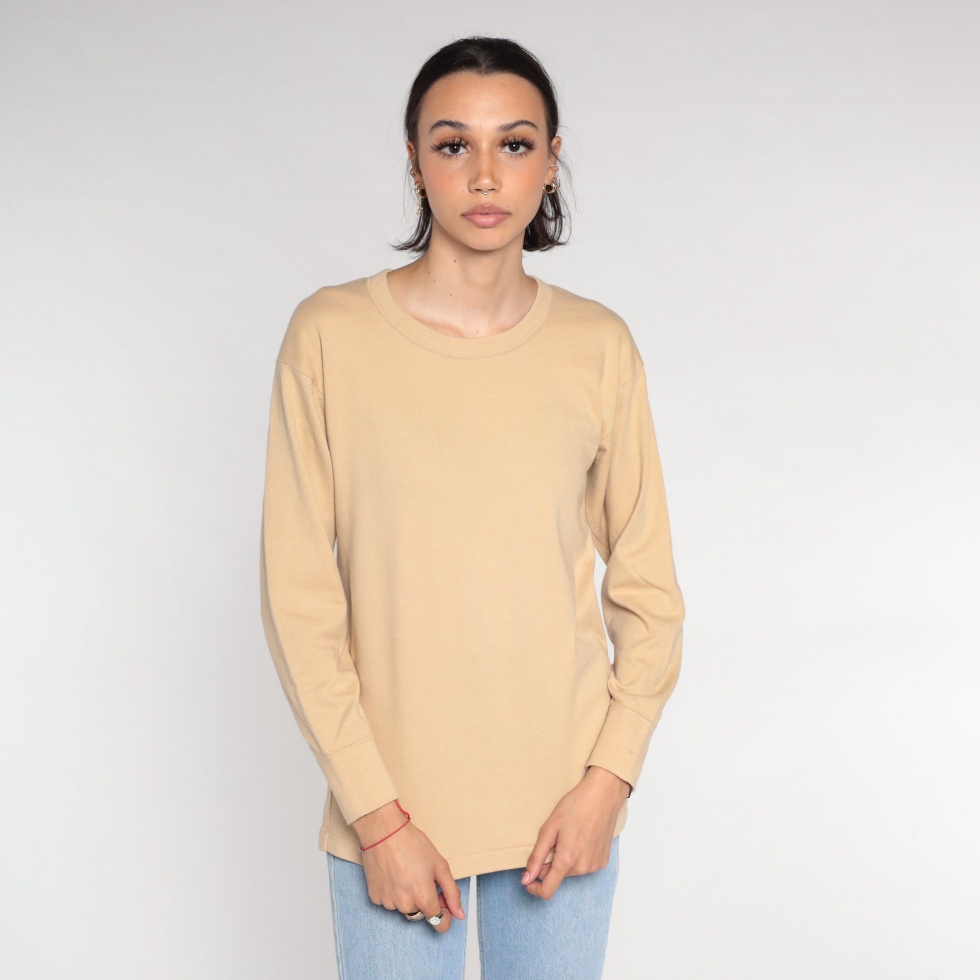 00s Tan Long Sleeve T-Shirt Plain Crewneck Cotton Blend Large L