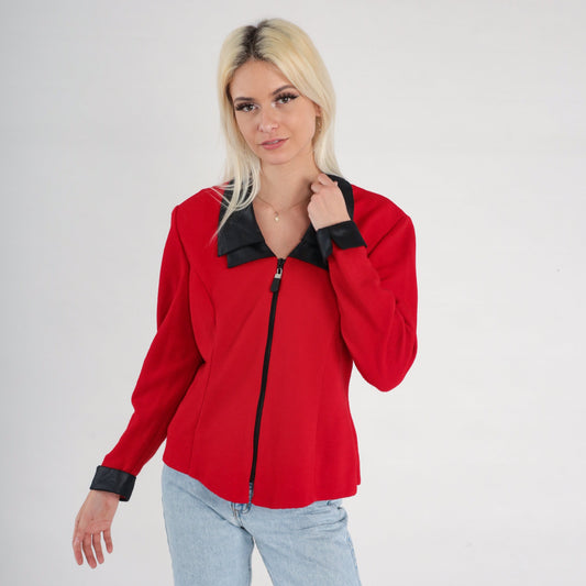90s Red Blazer Jacket Faux Leather Collar Zip Front Medium