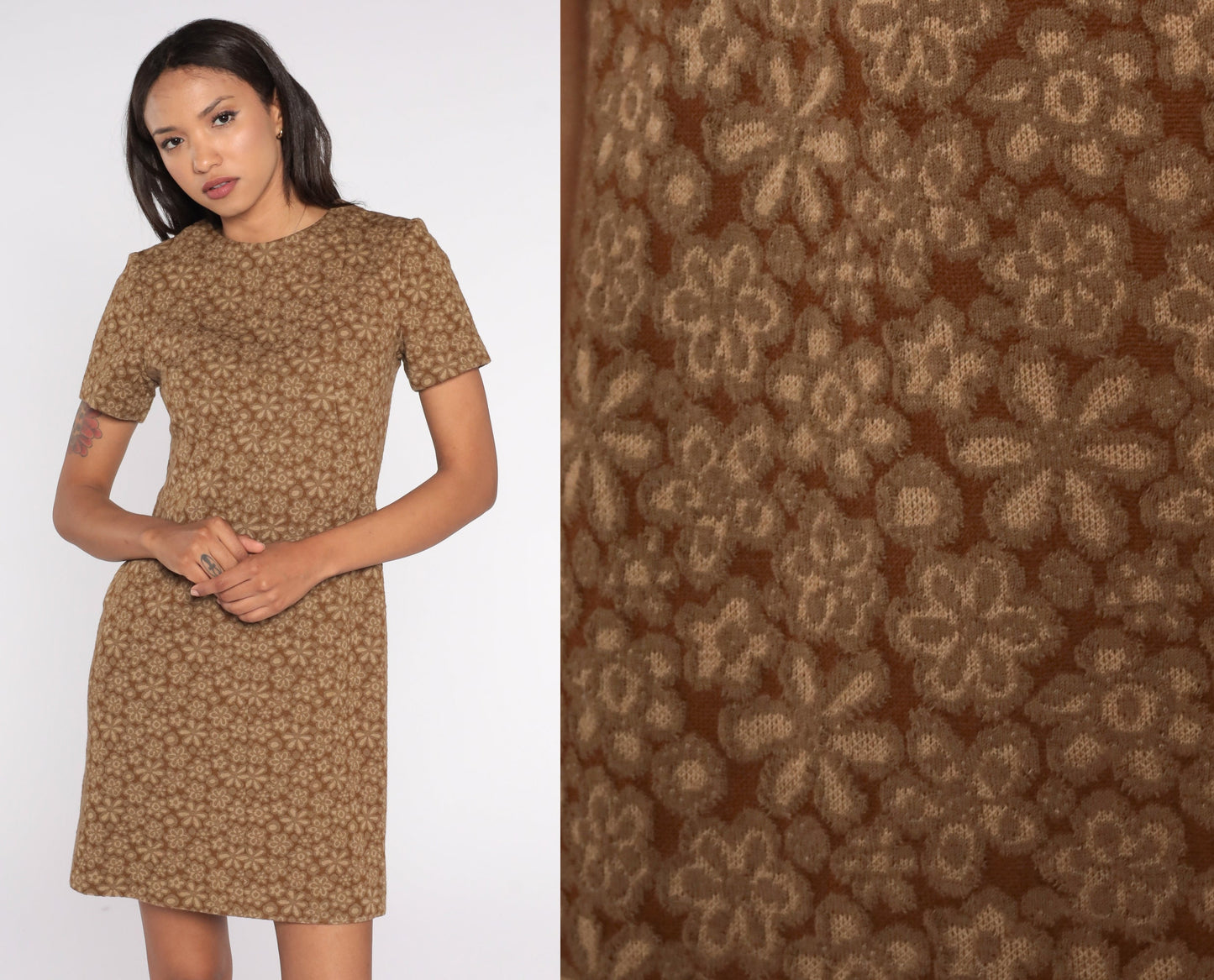 60s Floral Brown Wool Blend Shift Mini Dress Short Sleeve Extra Small